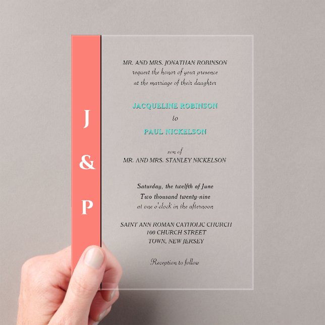 Coral Turquoise Monogram Bride and Groom Clear Acrylic Invitations (Insitu (Handheld))