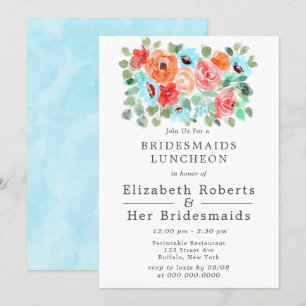 Coral Turquoise Paint Flowers Bridesmaids Luncheon Invitation