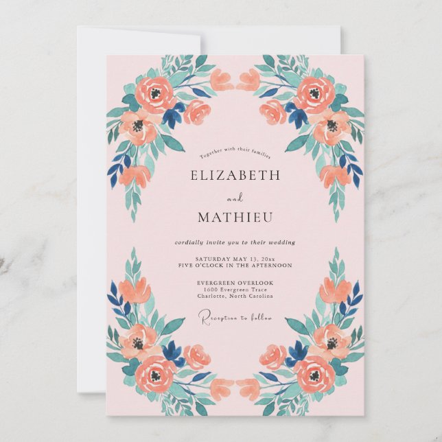 Coral Turquoise Peony Wedding Invitation (Front)