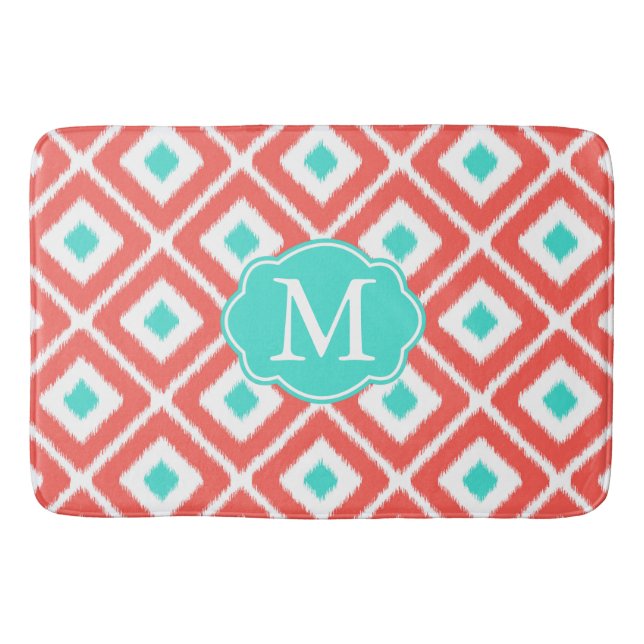 Coral, Turquoise, White Ikat Diamond Pattern Bath Mat (Front)
