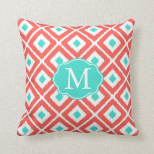 Coral, Turquoise, White Ikat Diamond Pattern Cushion