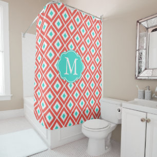 Coral, Turquoise, White Ikat Diamond Pattern Shower Curtain