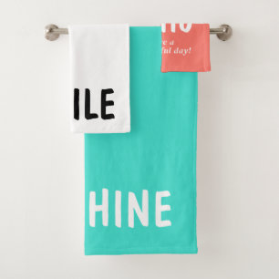 Coral Turquoise White Sunshine Smile Typography Bath Towel Set
