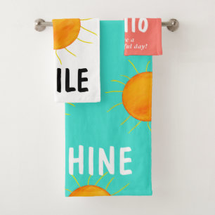 Coral Turquoise White Sunshine Typography Bath Towel Set