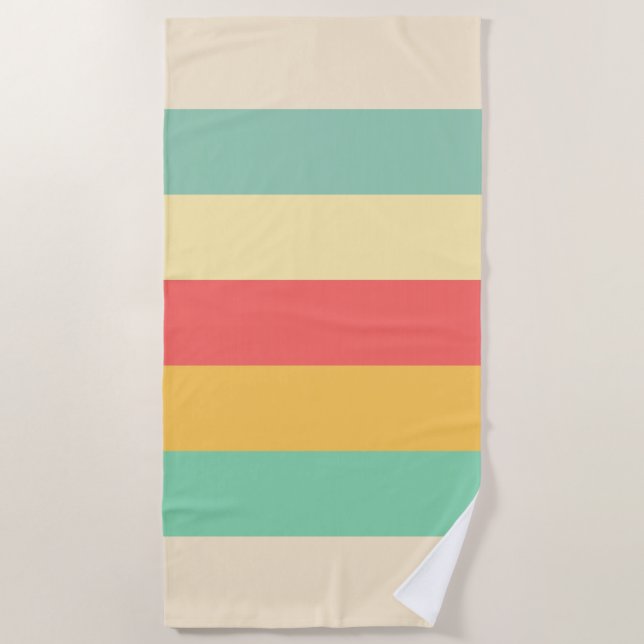 Coral Turquoise Yellow Beige Stripes Beach Towel (Front)
