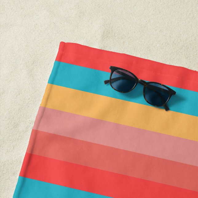 Coral Turquoise Yellow Pink Stripes Beach Towel (In Situ)