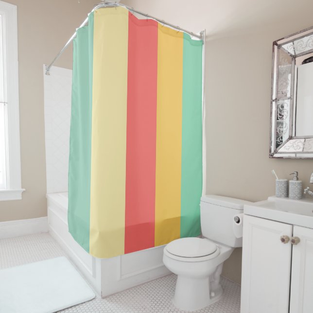 Coral Turquoise Yellow Stripes Shower Curtain (In Situ)