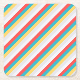 Coral Turquoise Yellow White Stripes Square Paper Coaster