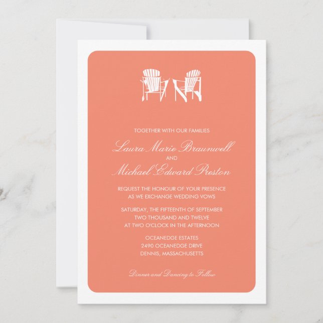 Coral Two Adirondack Beach Chairs Wedding Invitation (Front)