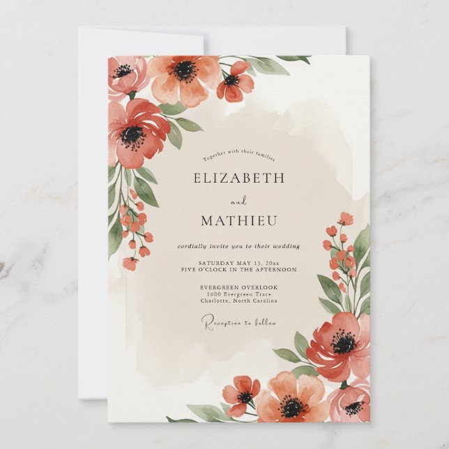 Coral Verdant Bloom Wedding Invitation (Front)