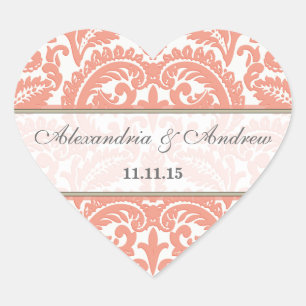 Coral Victorian Vintage Damask Heart Wedding Seal