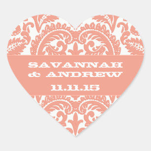 Coral Victorian Vintage Damask Heart Wedding Seal