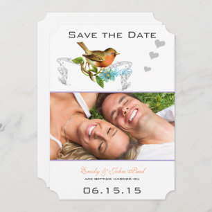 Coral Vintage Bird Aqua & Lilac Save the Date Invitation