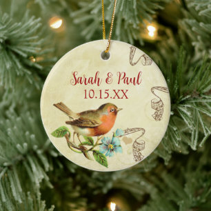 Coral Vintage Bird Save the Date Photo Brown Notes Ceramic Tree Decoration