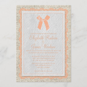 Coral Vintage Bow & Linen Wedding Invitations