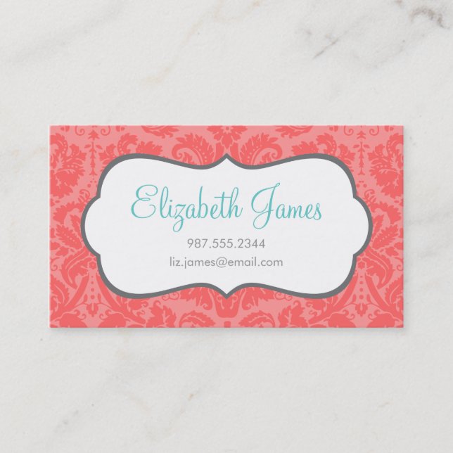 Coral Vintage Damask Business Card (Front)