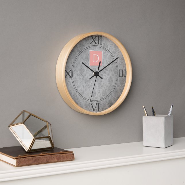 Coral Vintage Damask Monogram Clock (Office)