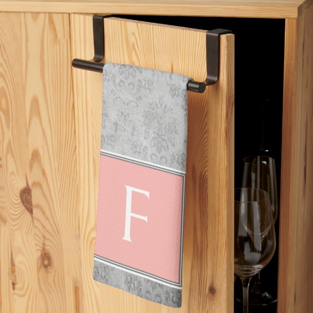 Coral Vintage Damask Monogram Towel (Thirds Fold)
