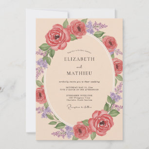 Coral Violet Ranunculus Eucalyptus Wedding Invitation