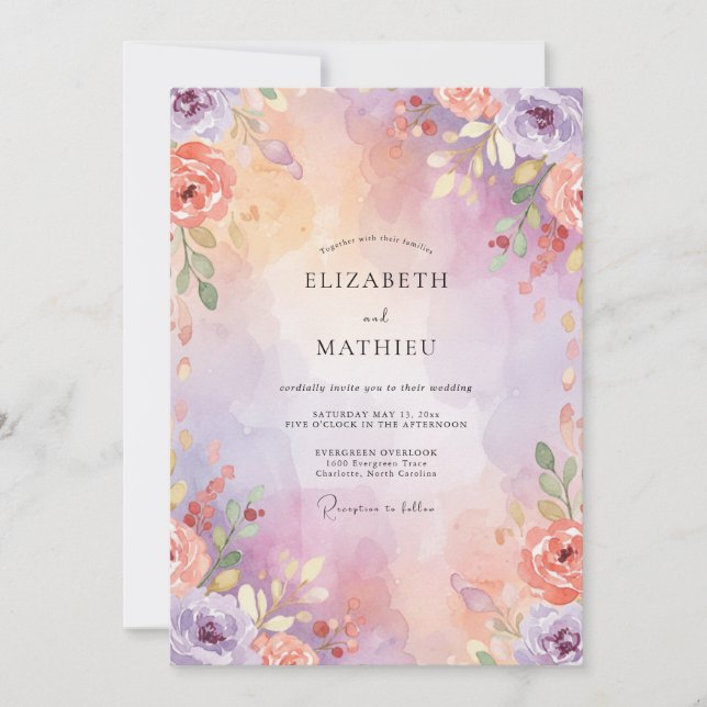Coral Violet Wildflower Wedding Invitation (Front)