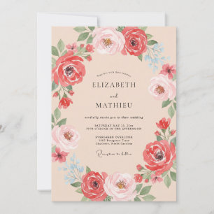 Coral Vivid Floral Romance Wedding Invitation