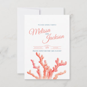 Coral watercolor art orange blue ocean wedding RSVP card