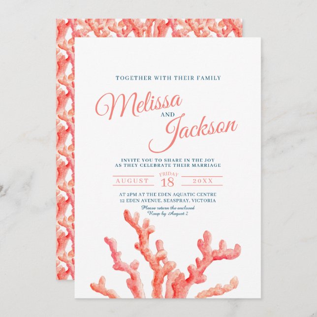 Coral watercolor art painting wedding invitation (Front/Back)