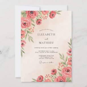Coral Watercolor Botanical Wedding Invitation
