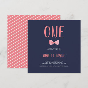 Coral Watercolor Bow First Birthday Party Invitation