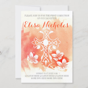 Coral watercolor cross floral First Holy Communion Invitation