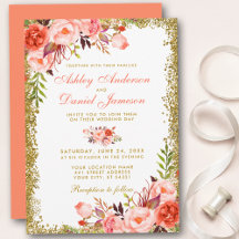 Coral Watercolor Floral and Gold Glitter Wedding