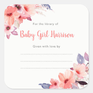 Coral Watercolor Floral girl book plate sticker