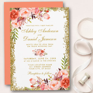 Coral Watercolor Floral Wedding Gold Glitter Invitation
