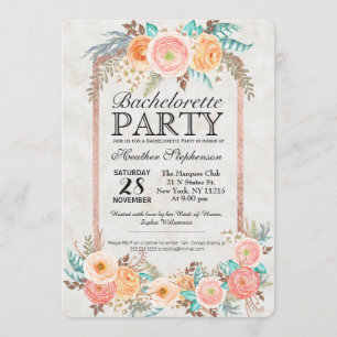 Coral Watercolor Flowers and Gold Bachelorette Invitation