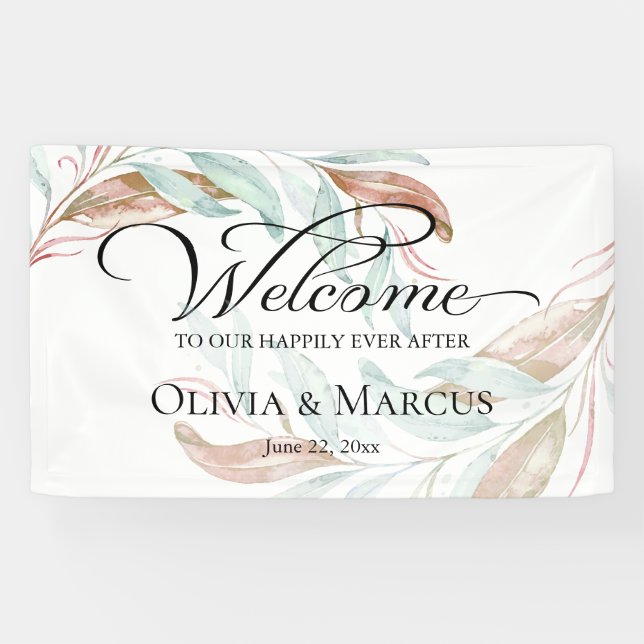Coral Watercolor Foliage Wedding Welcome Sign (Horizontal)