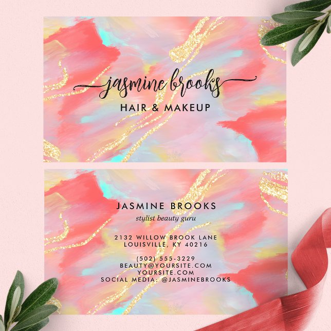Coral Watercolor Gold Glitter Business Card (Creator Uploaded)