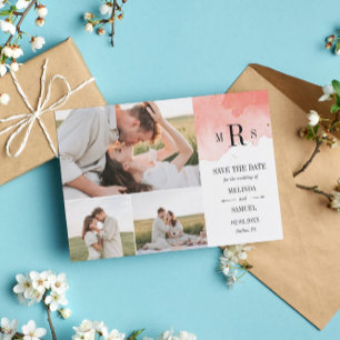 Coral Watercolor Monogram Photo Collage Save The Date