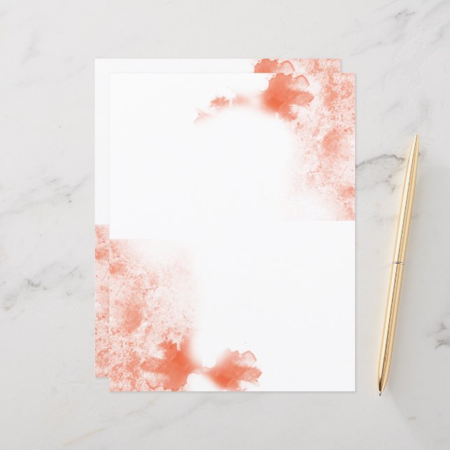 Coral Watercolor plain stationery paper (Front/Back In Situ)