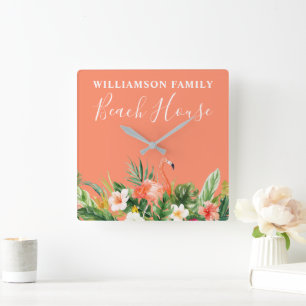 Coral Watercolor Tropical Floral Beach House Square Wall Clock