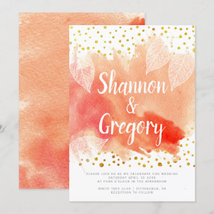 Coral watercolor with leaves gold confetti wedding invitation