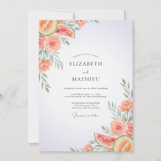Coral Watermelon Eucalyptus Wedding Invitation (Front)