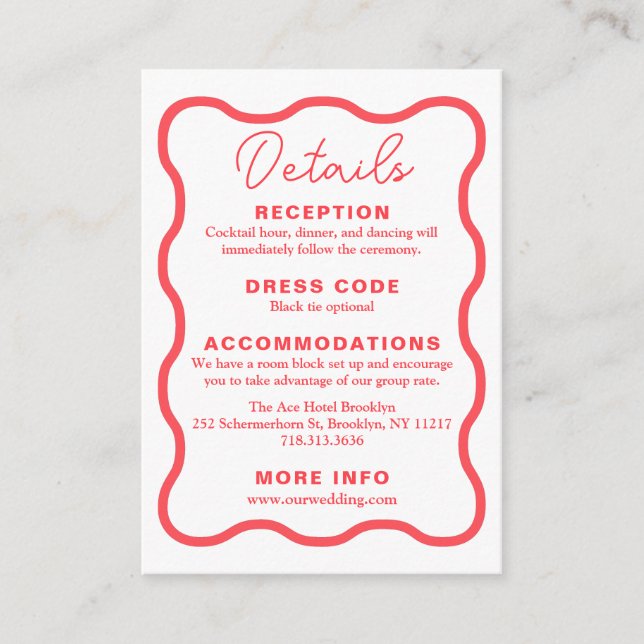 Coral Wavy Retro Wedding Enclosure Card (Front)