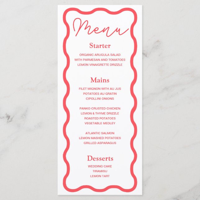 Coral Wavy Retro Wedding  Menu (Front)