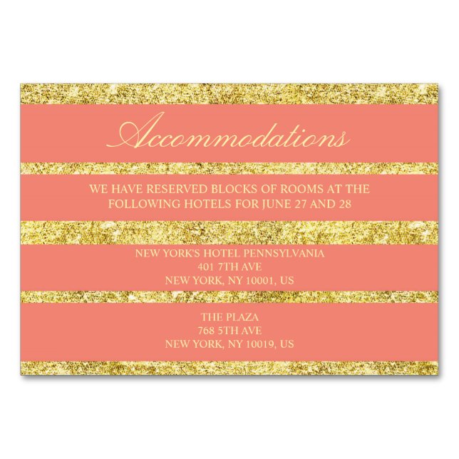 Coral Wedding Accommodation Cards Gold Foil Effect (Front)