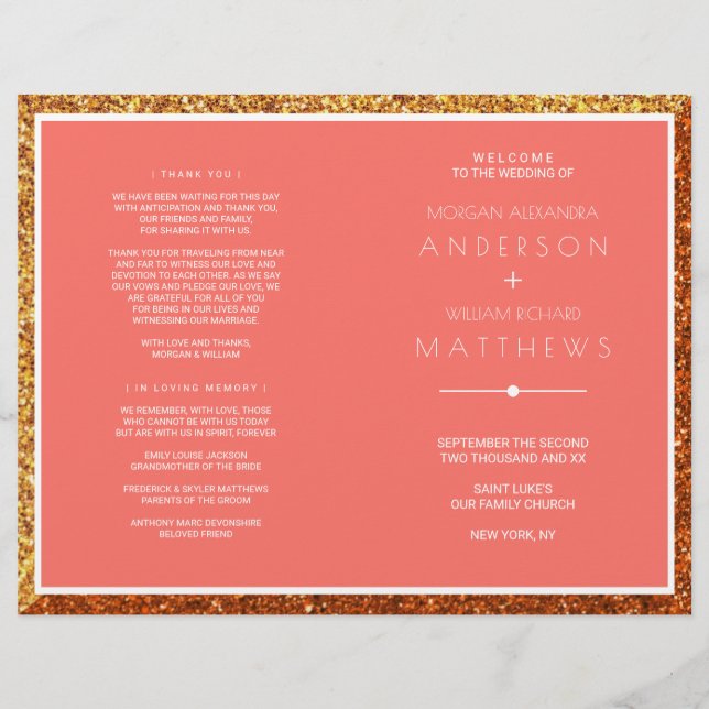 Coral Wedding Ceremony Program Elegant (Front)