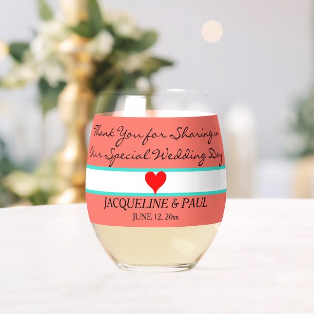 Coral Wedding Favours Monogram Red Heart Stemless Wine Glass (Insitu (Wedding))