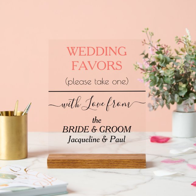 Coral Wedding Favours Typography NAMES Clear Acrylic Sign (Wedding)