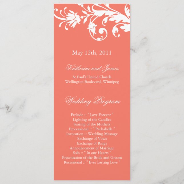 Coral Wedding Programs Programme (Front)