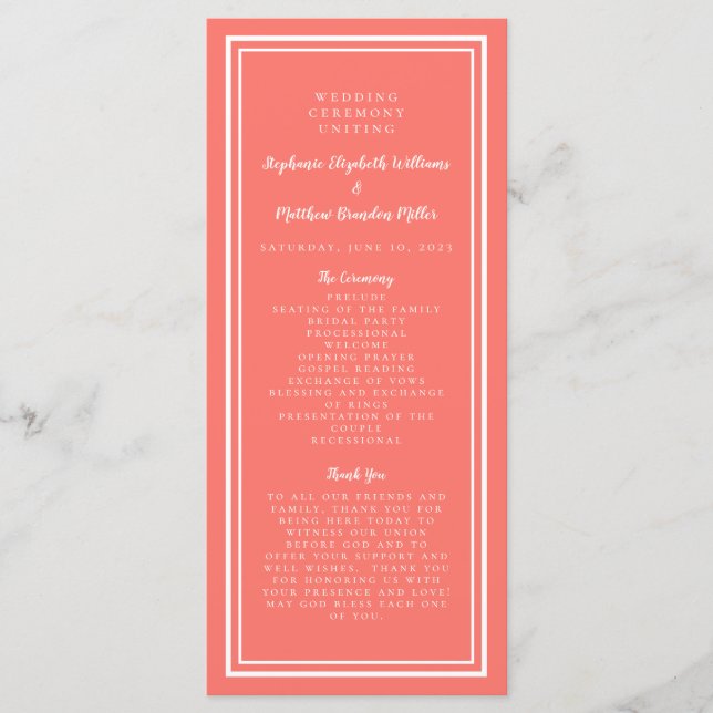 Coral Wedding Service Ceremony Minimalist Simple P Programme (Front)