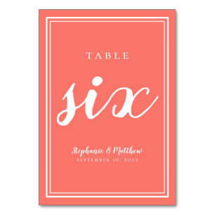 Coral Wedding Table Six Modern Typography Simple Table Number